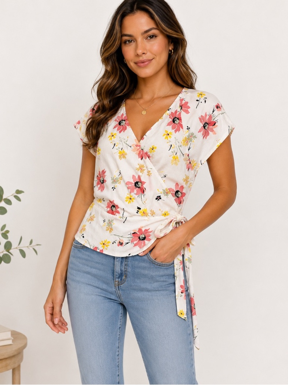 GAP Floral Wrap Top Tie Waist Cotton Blouse White Pink Short Sleeve L